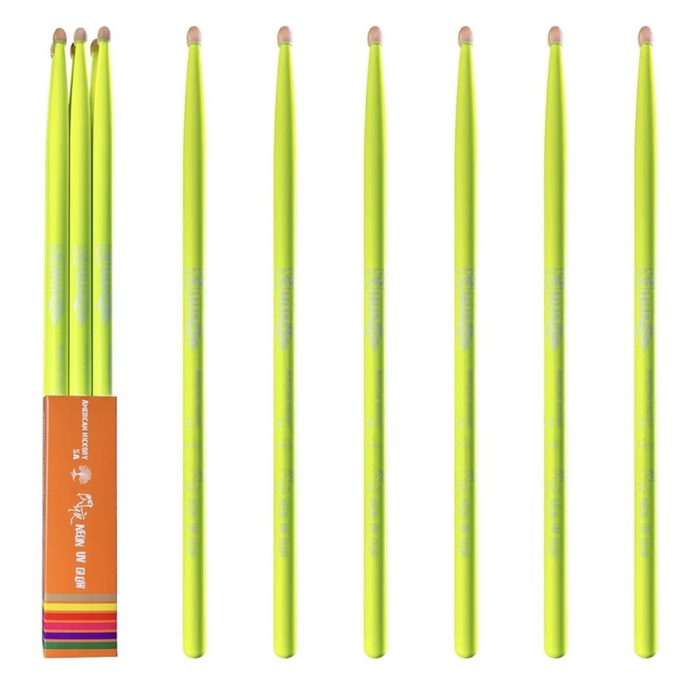 Neon Yellow UV Glow Drumsticks 5A - 3 Pairs (6 Sticks),Hickory Wood - BN Sealed